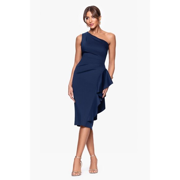Xscape Carrie Techno Scuba One Shoulder Knee Length Ruffle Dress Blue 6 - Picture 4 of 11